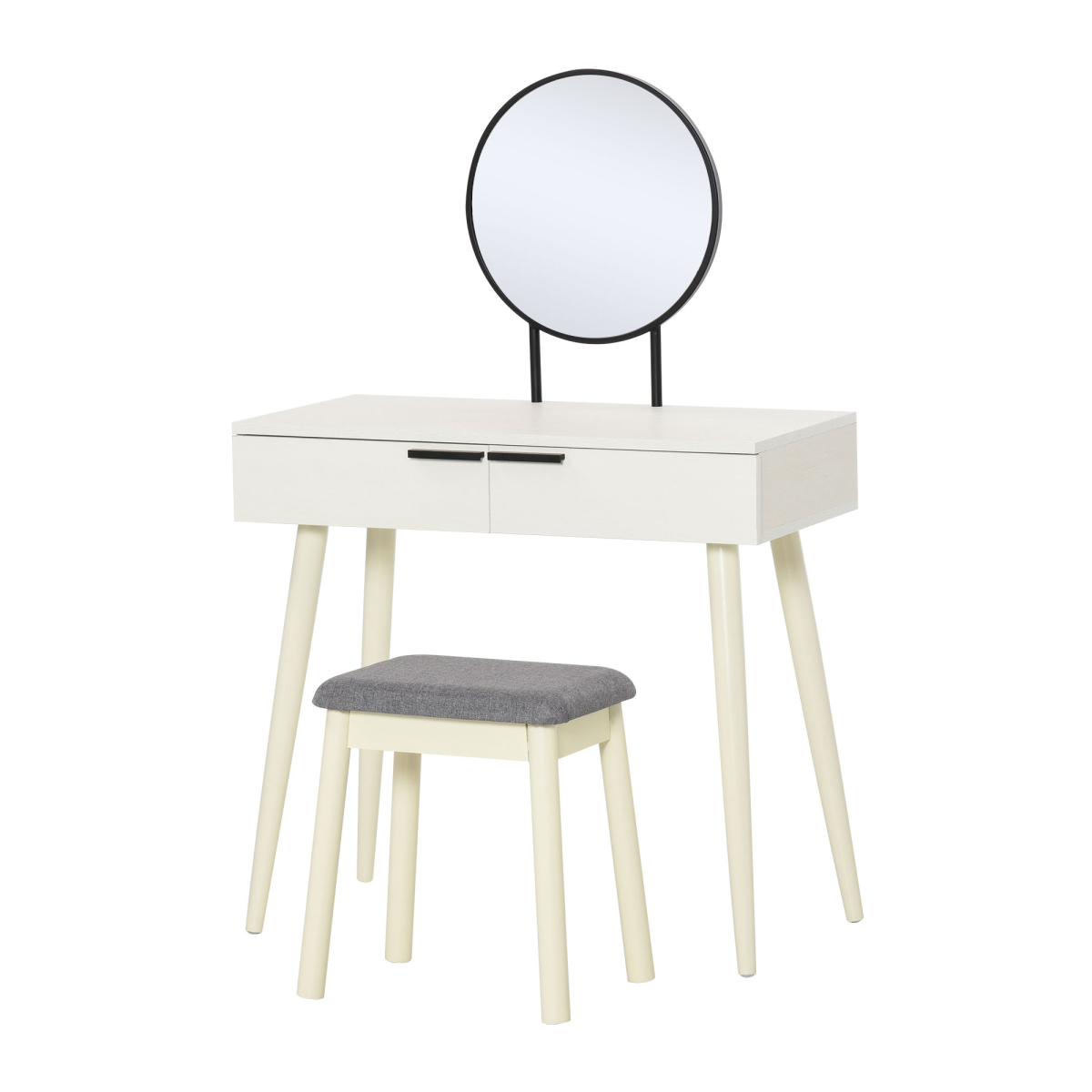 HOMCOM White Dressing Table Vanity Set with Round Mirror, Cushioned Stool, 2 Drawers