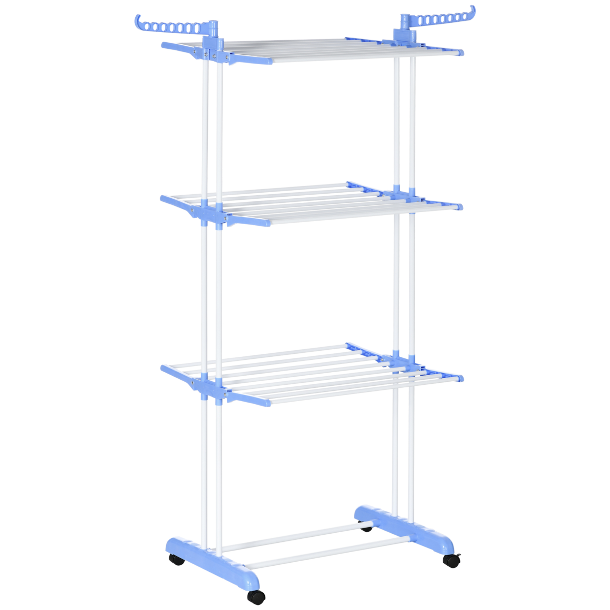 HOMCOM 3-Tier Foldable Steel Clothes Drying Rack with Wheels, Blue