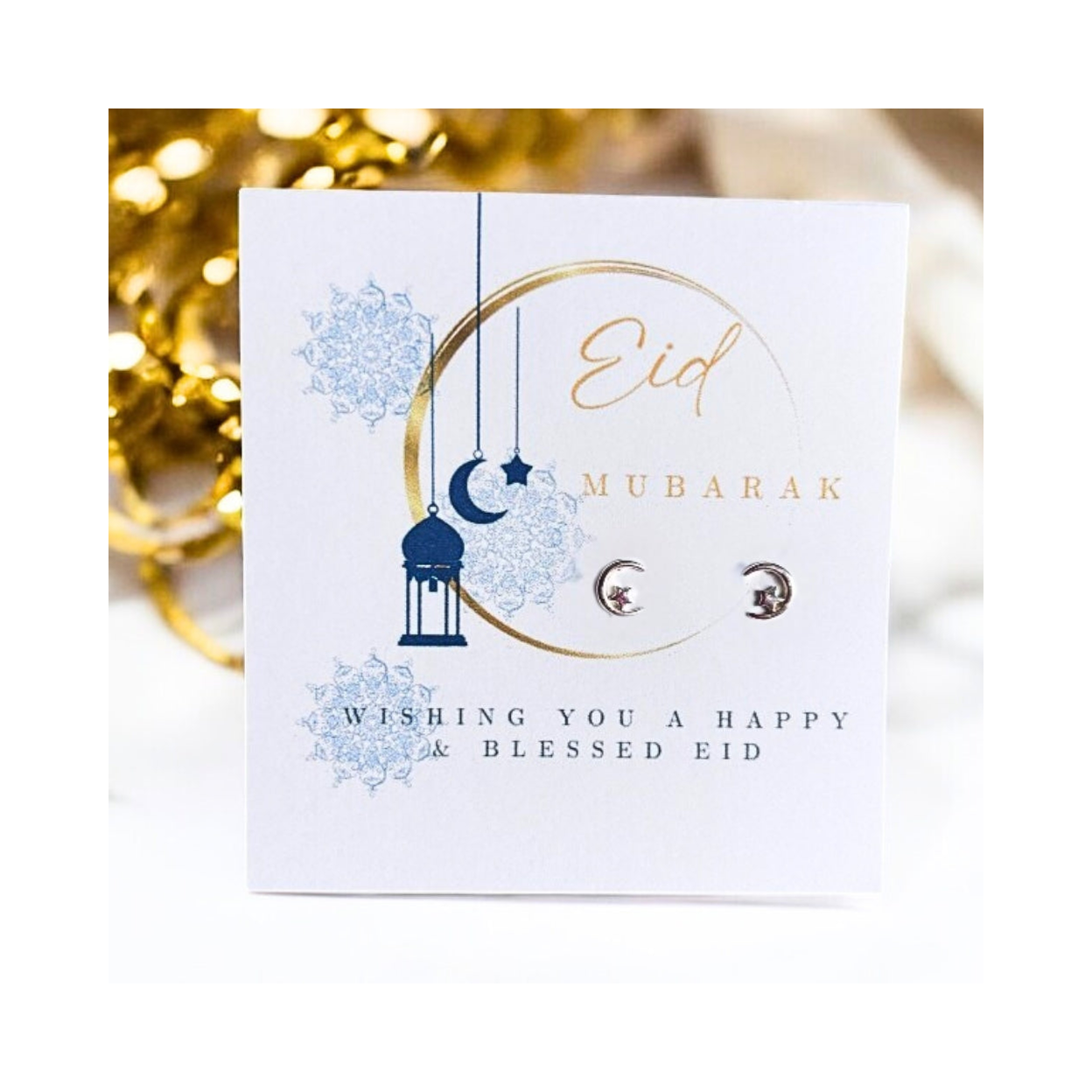 Sterling Silver Moon and Star Earrings with Eid Mubarak Message Card