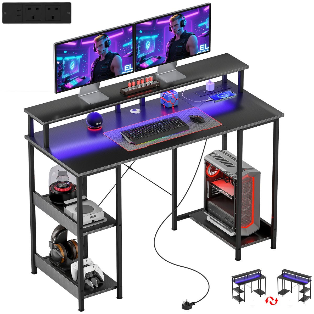 HOMCOM Reversible Computer Desk with Storage and Charging Station
