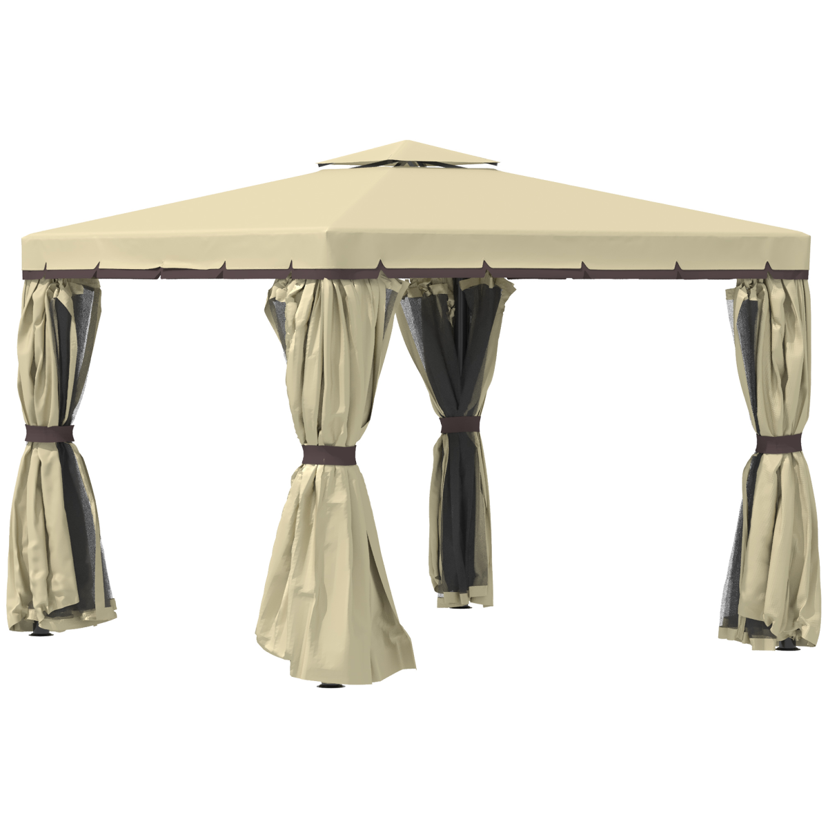 Outsunny 3x3m Patio Gazebo with Two-Tier Polyester Canopy, Mosquito Net, Aluminium and Steel Frame, Curtains