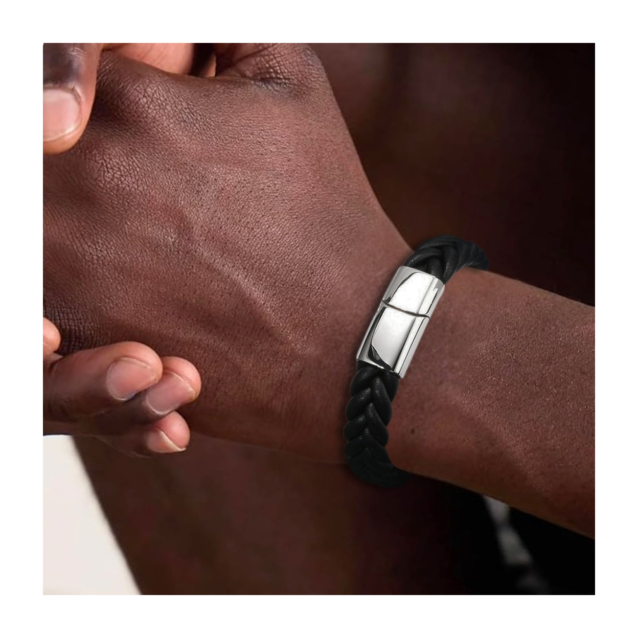 Men's Black Faux Leather Woven Bracelet with Magnetic Clasp