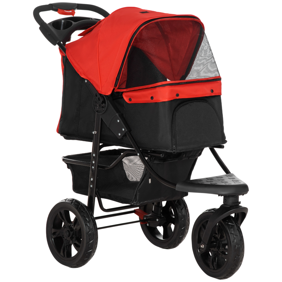 Folding 3-Wheel Pet Stroller with Adjustable Canopy, Storage Basket and Brake