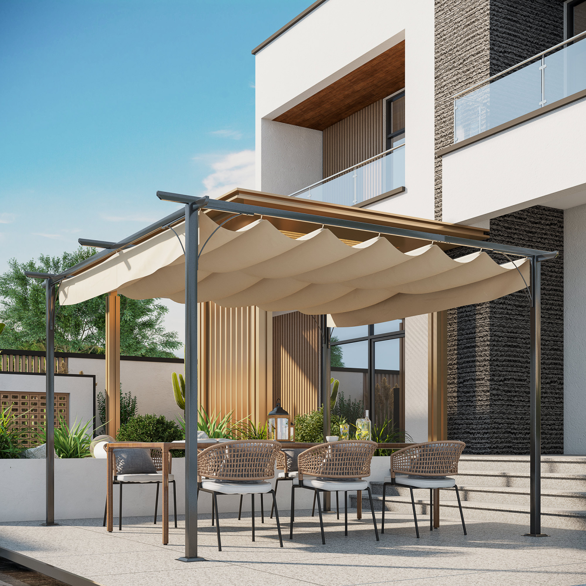 Outsunny Steel Pergola, 350L cm, Powder-Coated Steel Frame, Retractable Anti-UV Water-Repelling Canopy Roof