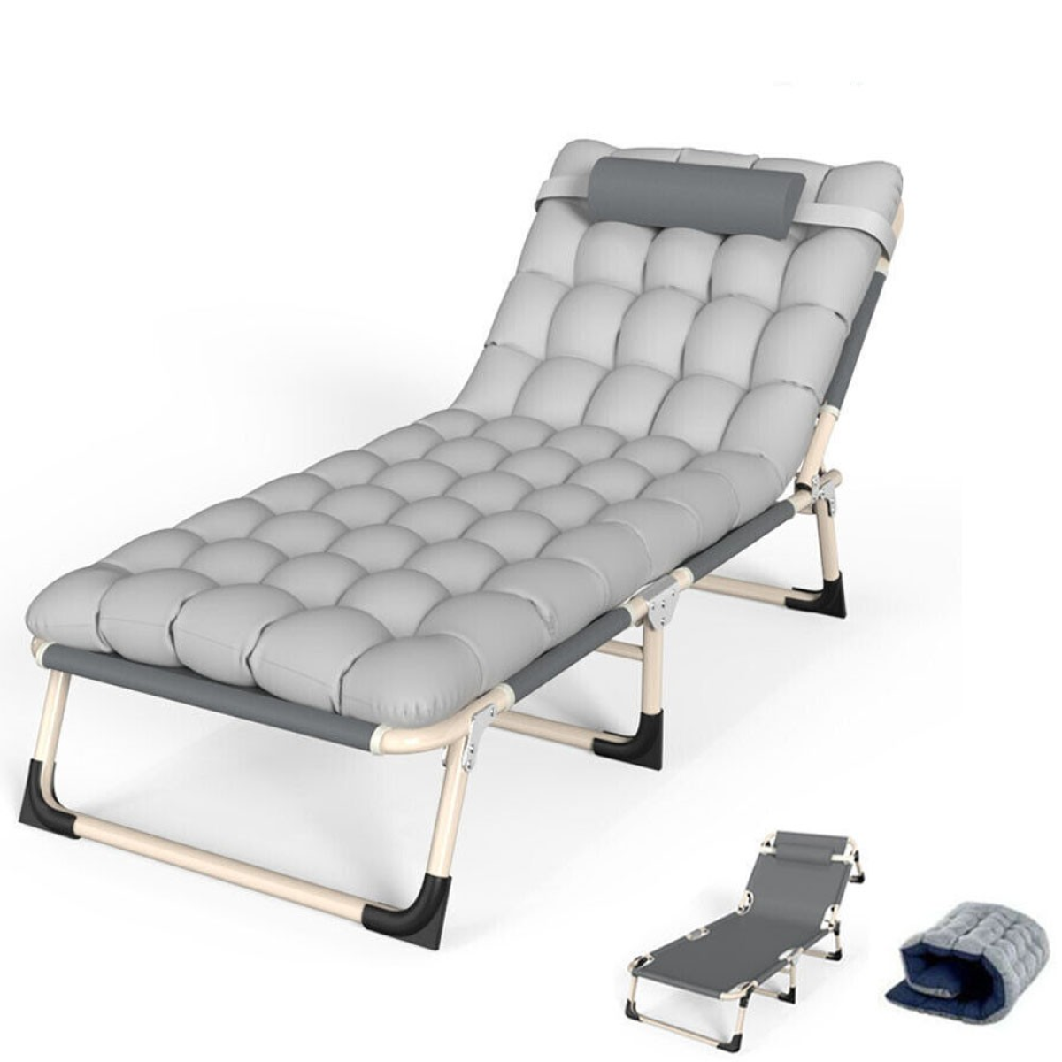 Portable Folding Bed with Cushion, Heavy-Duty Steel Legs, Silver Grey