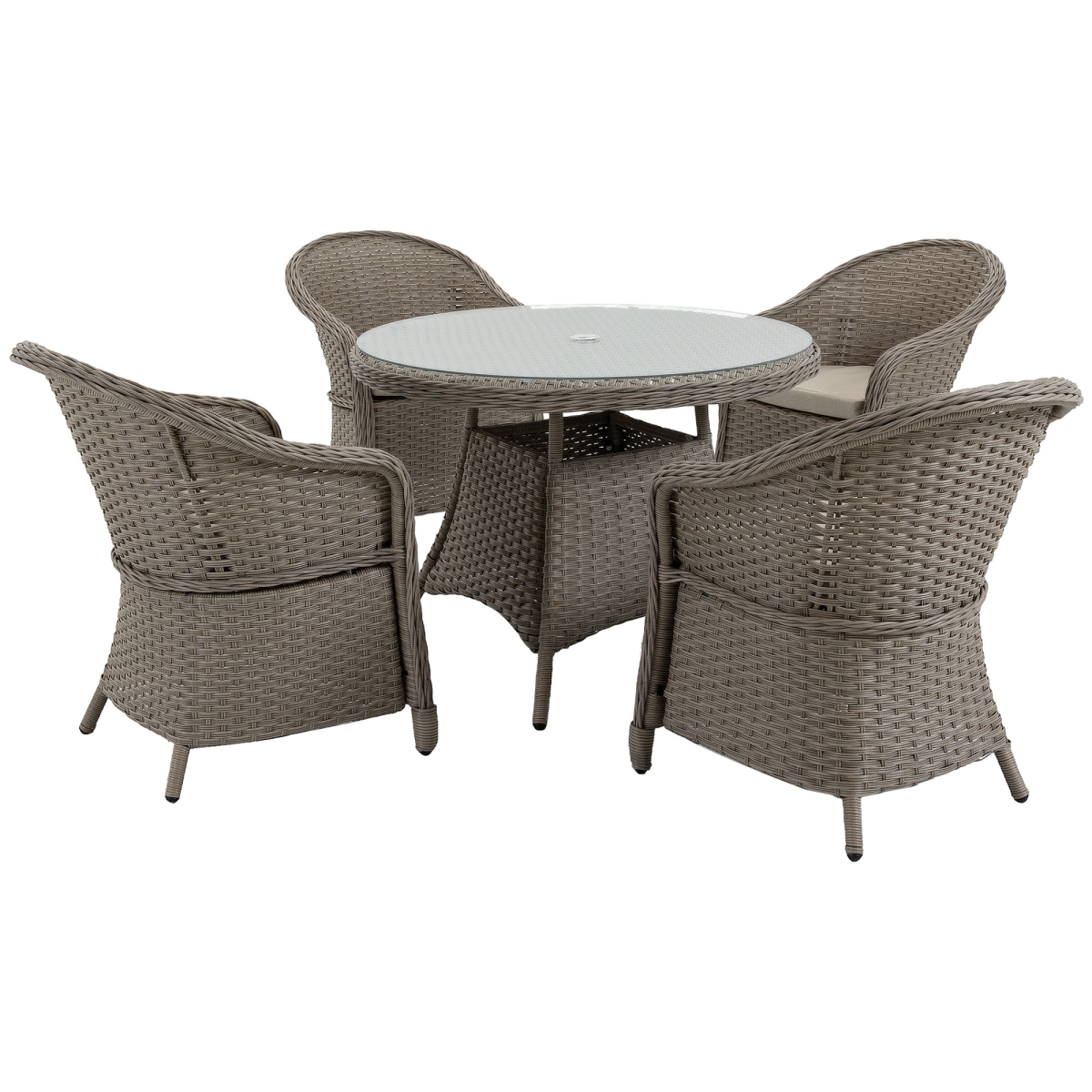 Outsunny 5-Piece Outdoor Patio PE Rattan Dining Set, Four-Seater, Grey, Tempered Glass Table, Cushioned Chairs, Umbrella Hole