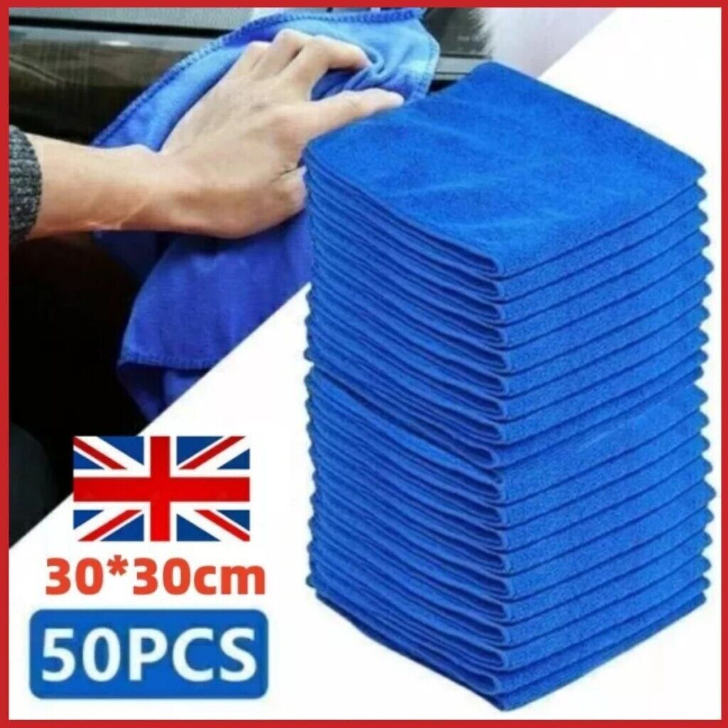 50 Pack Large Blue Microfiber Cleaning Cloths 30 x 30 cm for Car Detailing, Washing, Drying, Waxing and Polishing