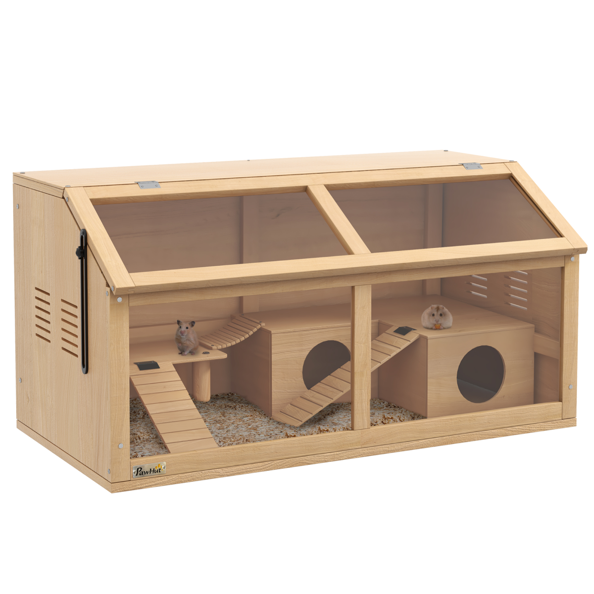PawHut Wooden Hamster & Gerbil Cage with Bridge, Ladders, Hut