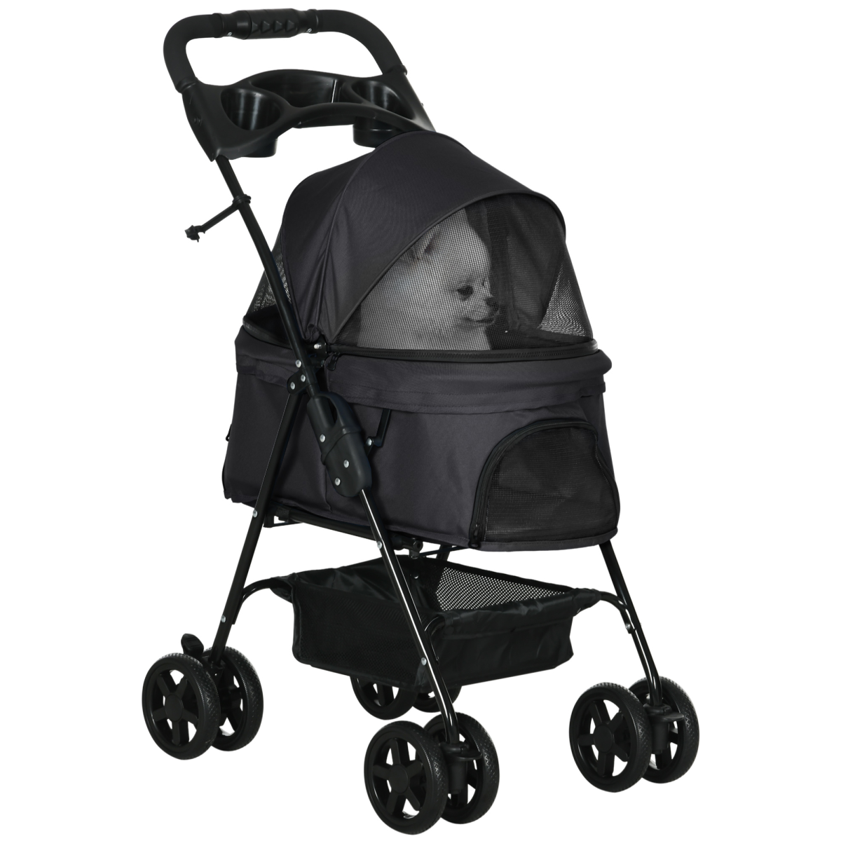 PawHut Foldable Pet Stroller with Brakes, Basket & Canopy, Black