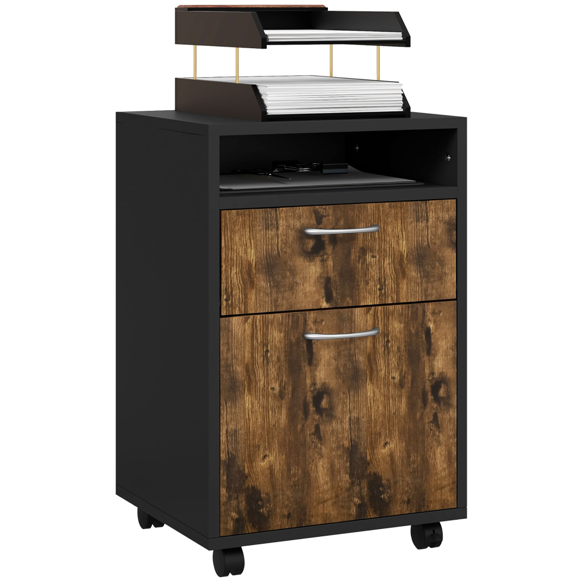 HOMCOM 60cm Storage Cabinet on Wheels with Drawer and Open Shelf, Rustic Brown