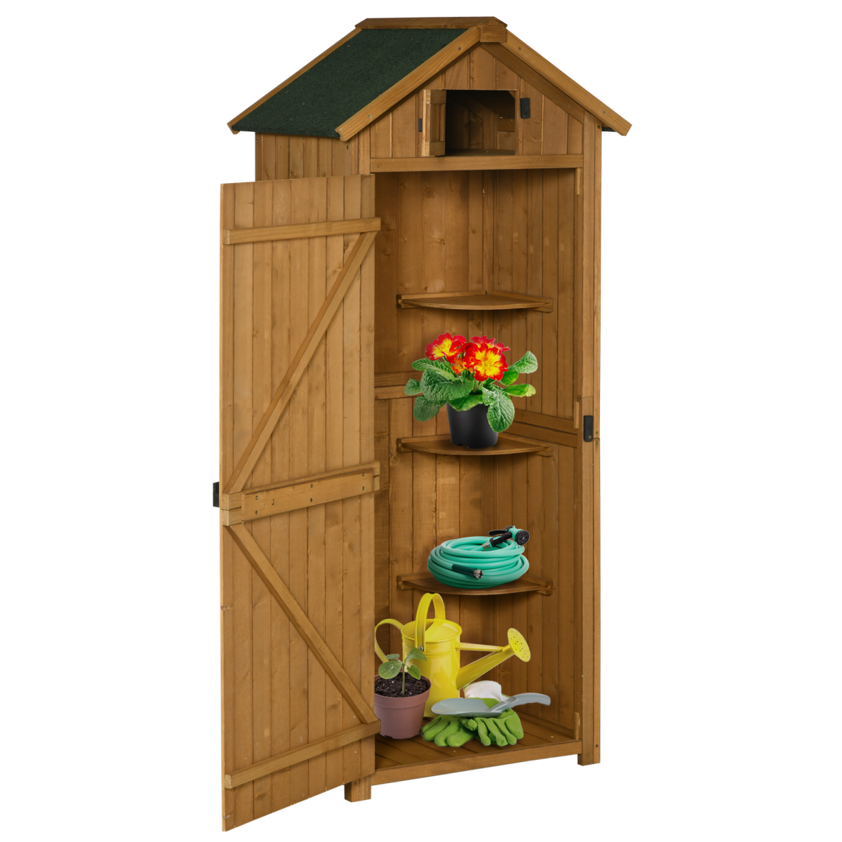 Outsunny Wooden Garden Storage Shed with 3 Detachable Shelves, Outdoor Tool Cabinet, Brown, 77 x 54.2 x 179 cm