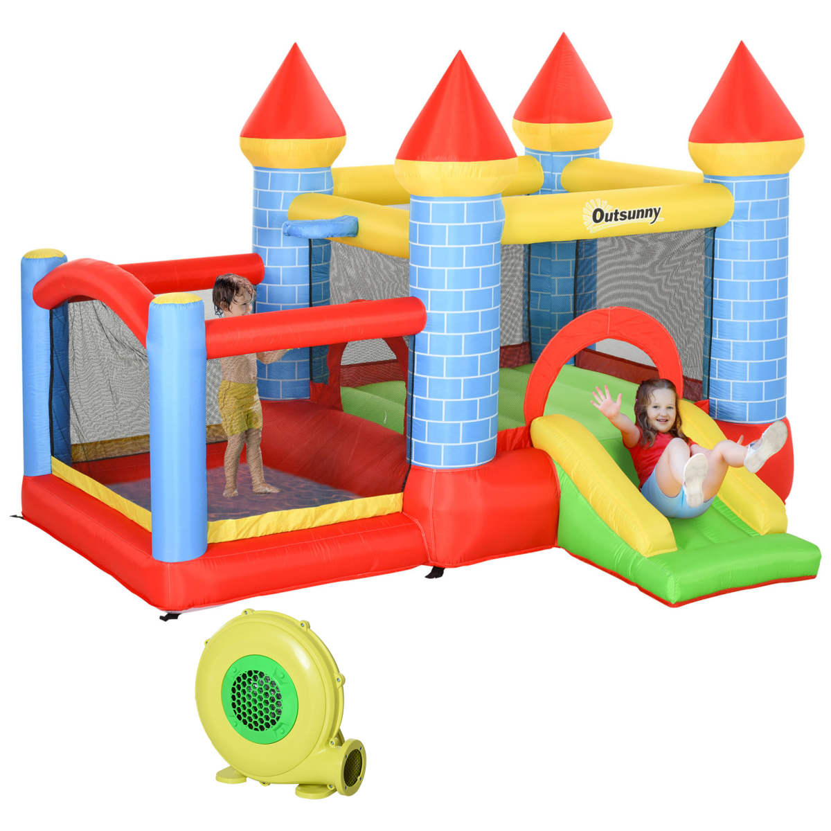 Bouncy Castle with Slide, Pool, Basket and Blower, 4-in-1, Multi-Color