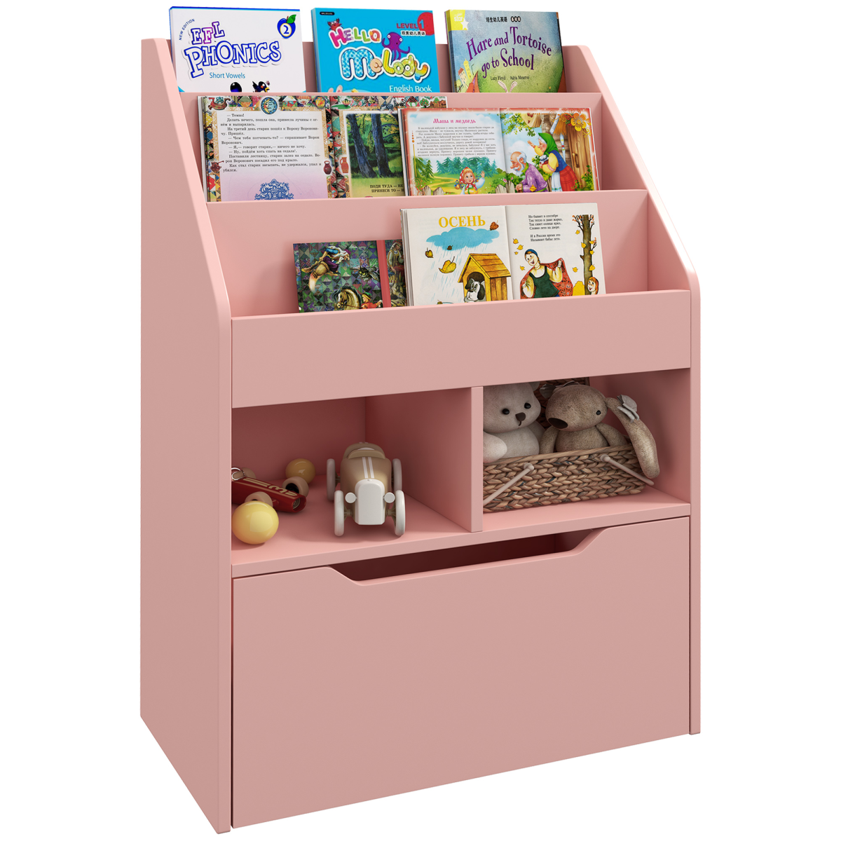 HOMCOM Kids Bookcase with Toy Storage, Drawer & Wheels, Pink