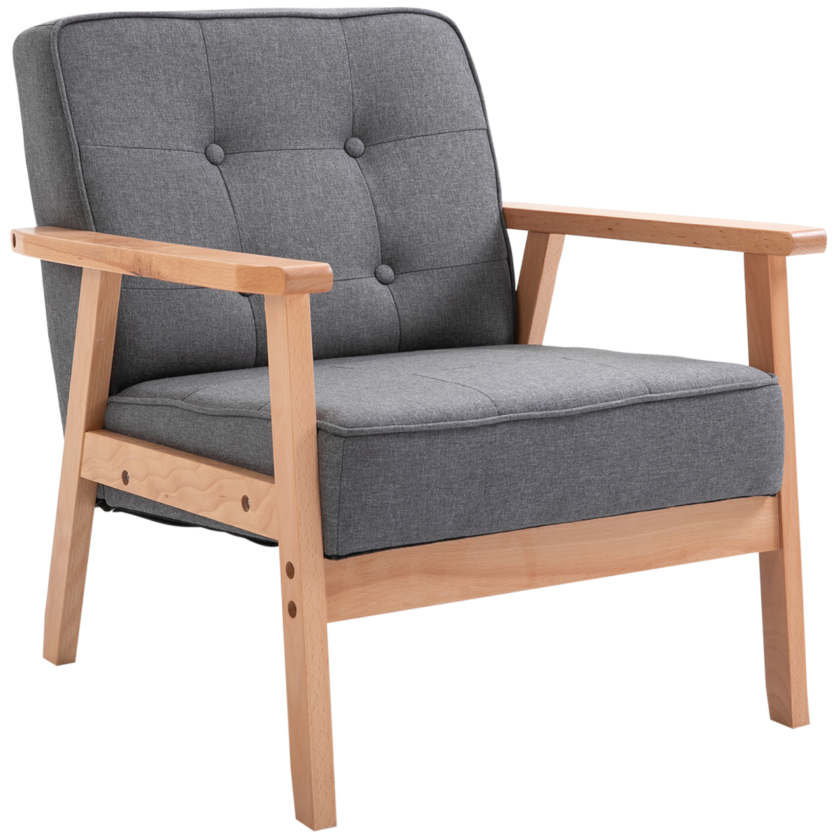 HOMCOM Retro Armchair with Beech Wood Frame, Grey Linen Upholstery