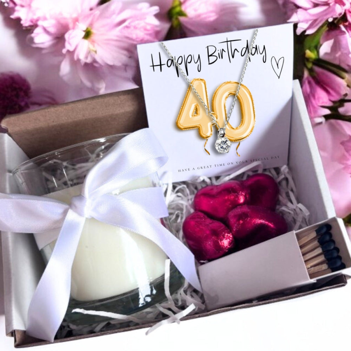 40th Birthday Gold Balloons Gift Hamper with Sterling Silver Cubic Zirconia Charm Necklace, Linen Scented Candle & Milk Chocolate Hearts