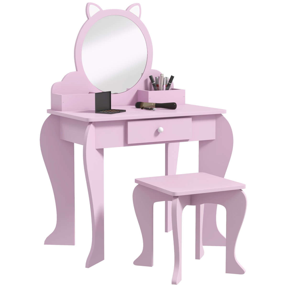 ZONEKIZ Kids Dressing Table Set with Mirror, Stool, Drawer and Storage Boxes, Cat Design, Pink
