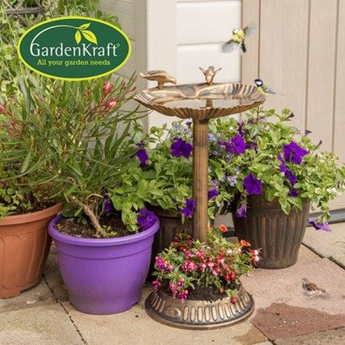 GardenKraft Clam Shell Bird Bath with Built-In Base Planter, Freestanding Weatherproof Plastic, Bronze