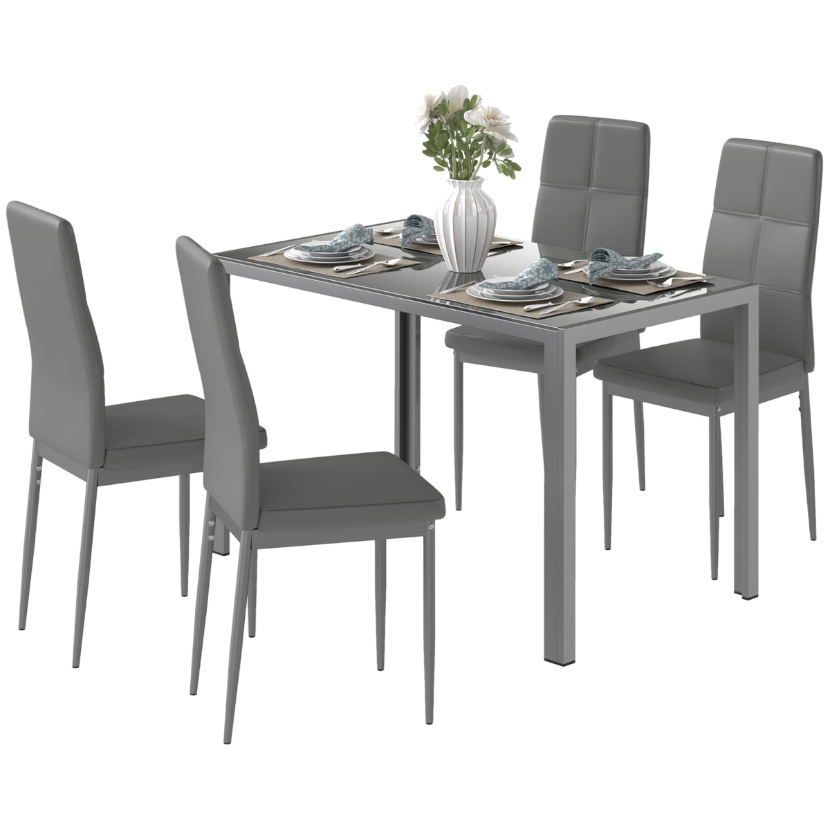 HOMCOM 5 Piece Dining Set, Glass Top Table and 4 Padded Chairs