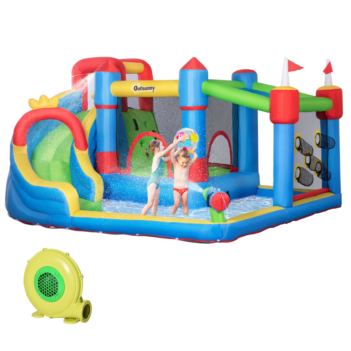 Outsunny Kids Inflatable Bouncy Castle 6-in-1 Water Slide with Trampoline, Climbing Wall, Throwing Wall, Water Gun and 450W Air Blower