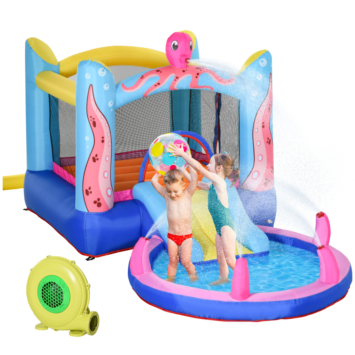 Outsunny Inflatable Water Bounce House with Slide, Pool & Blower