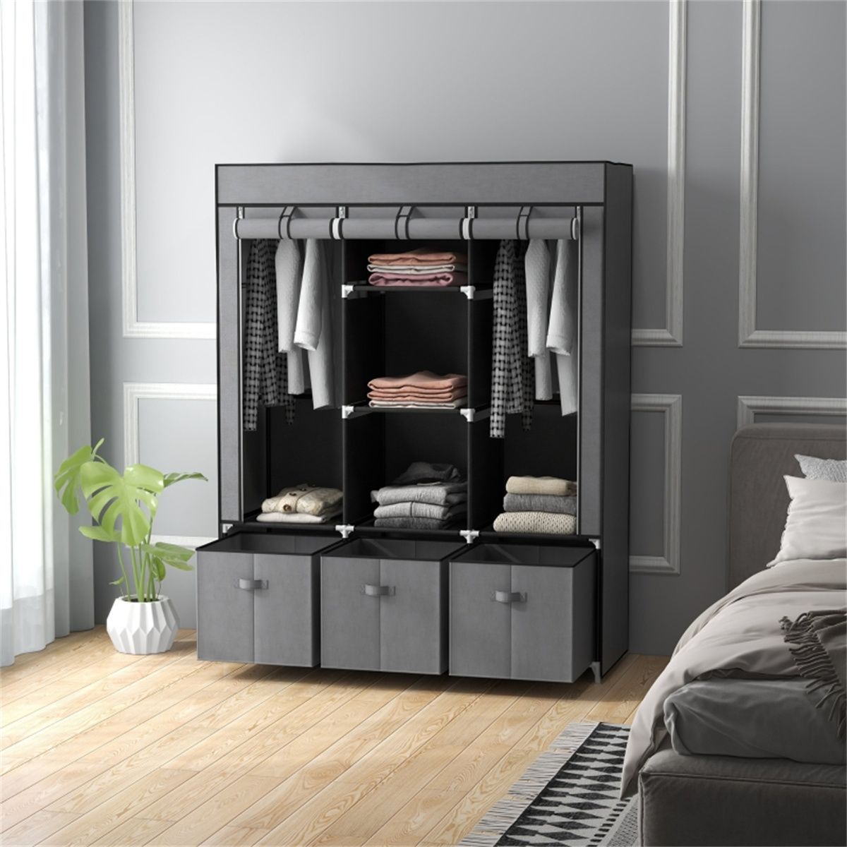 Chester Fabric Wardrobe with 2 Hanging Rods, 5 Shelves and 3 Fabric Drawers