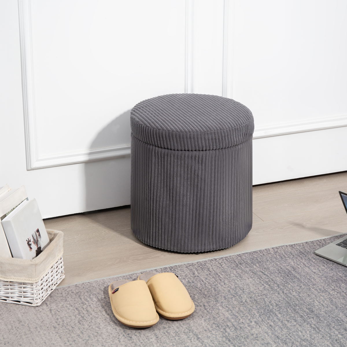 Grey Corduroy Storage Ottoman with Hidden Storage, Footstool, Shoe Bench and Extra Seat