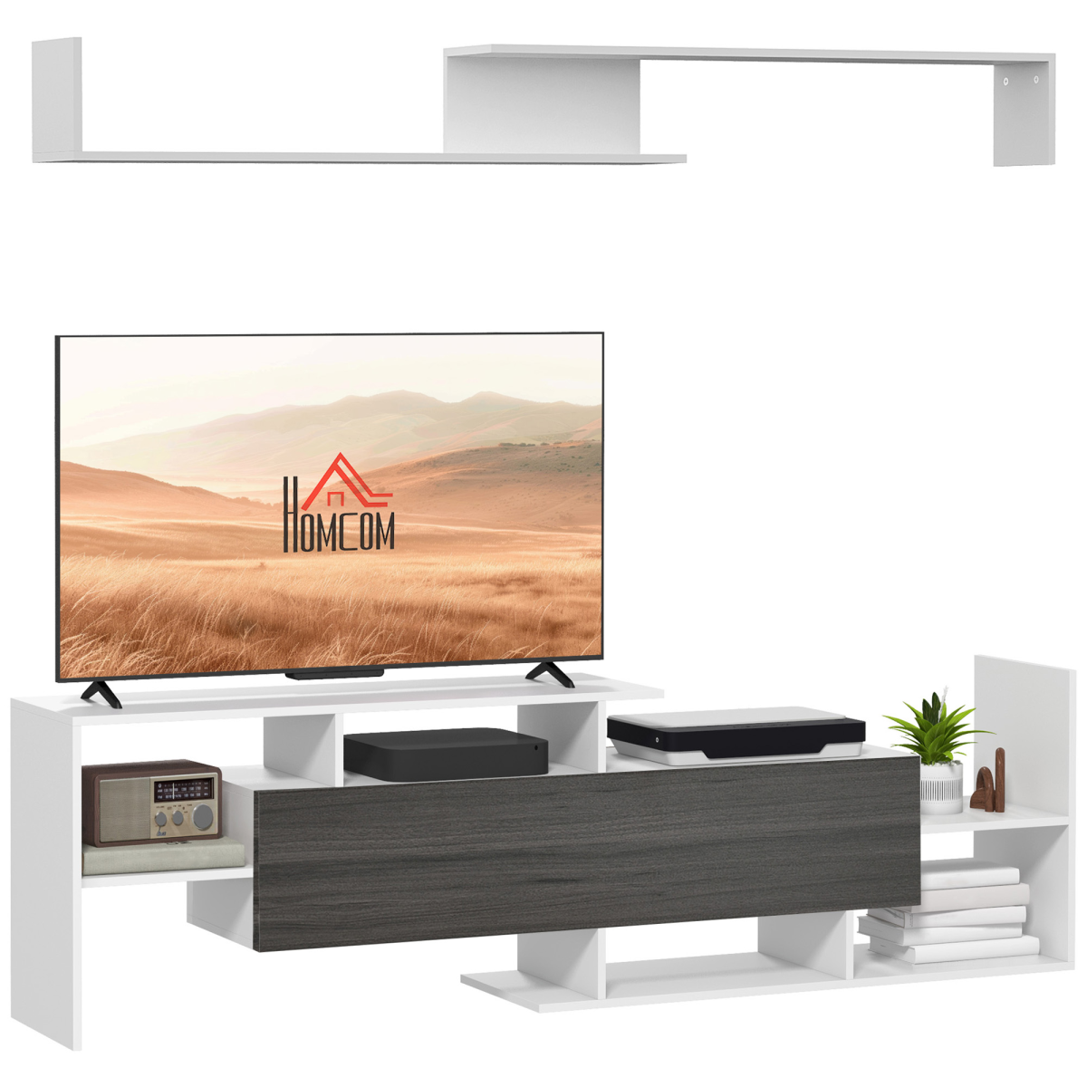 TV Cabinet Unit with Wall-Mounted Shelf and Open Shelves, White and Grey