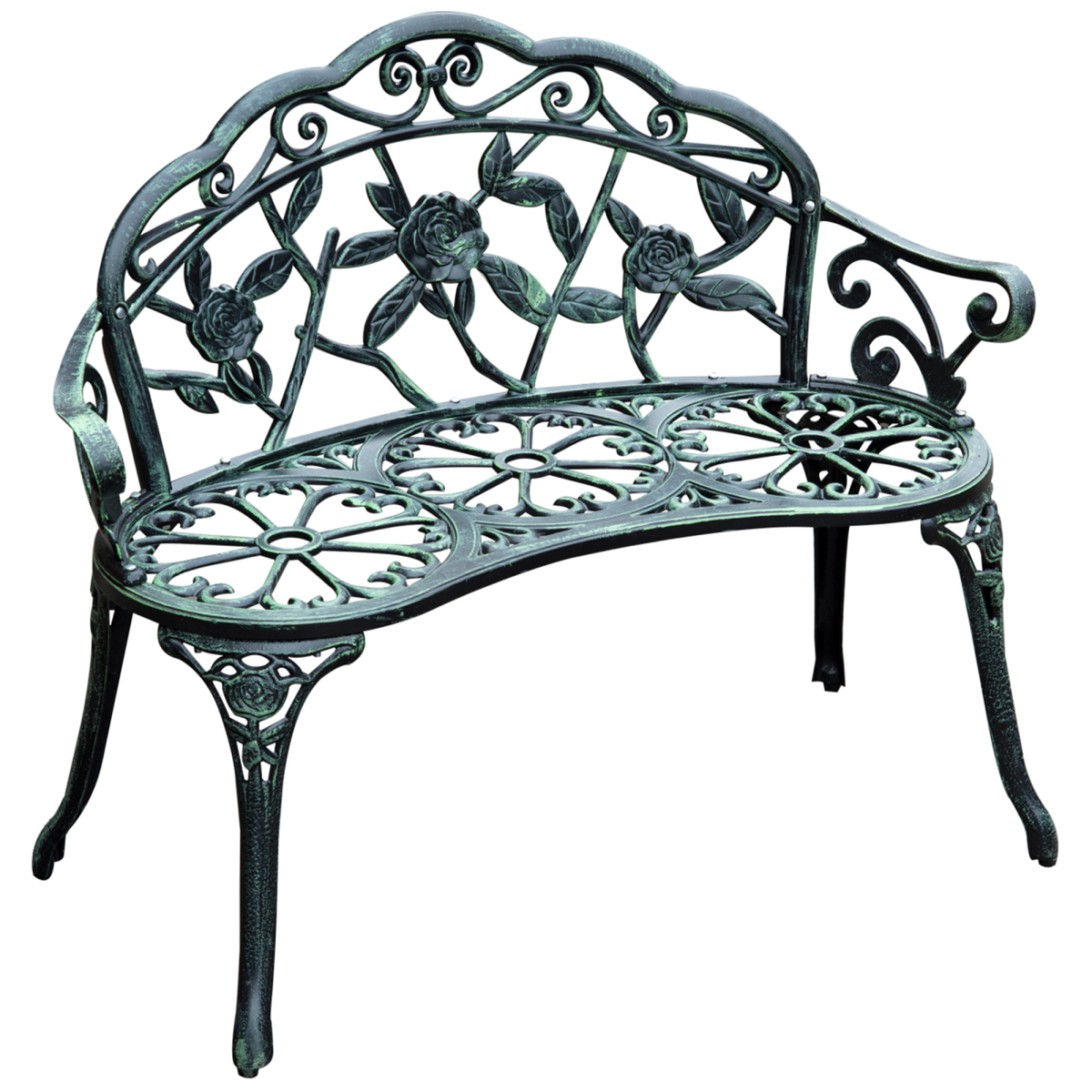Outsunny Antique Style Cast Aluminum Garden Bench with Curved Back, Rose Pattern, Verdigris Finish
