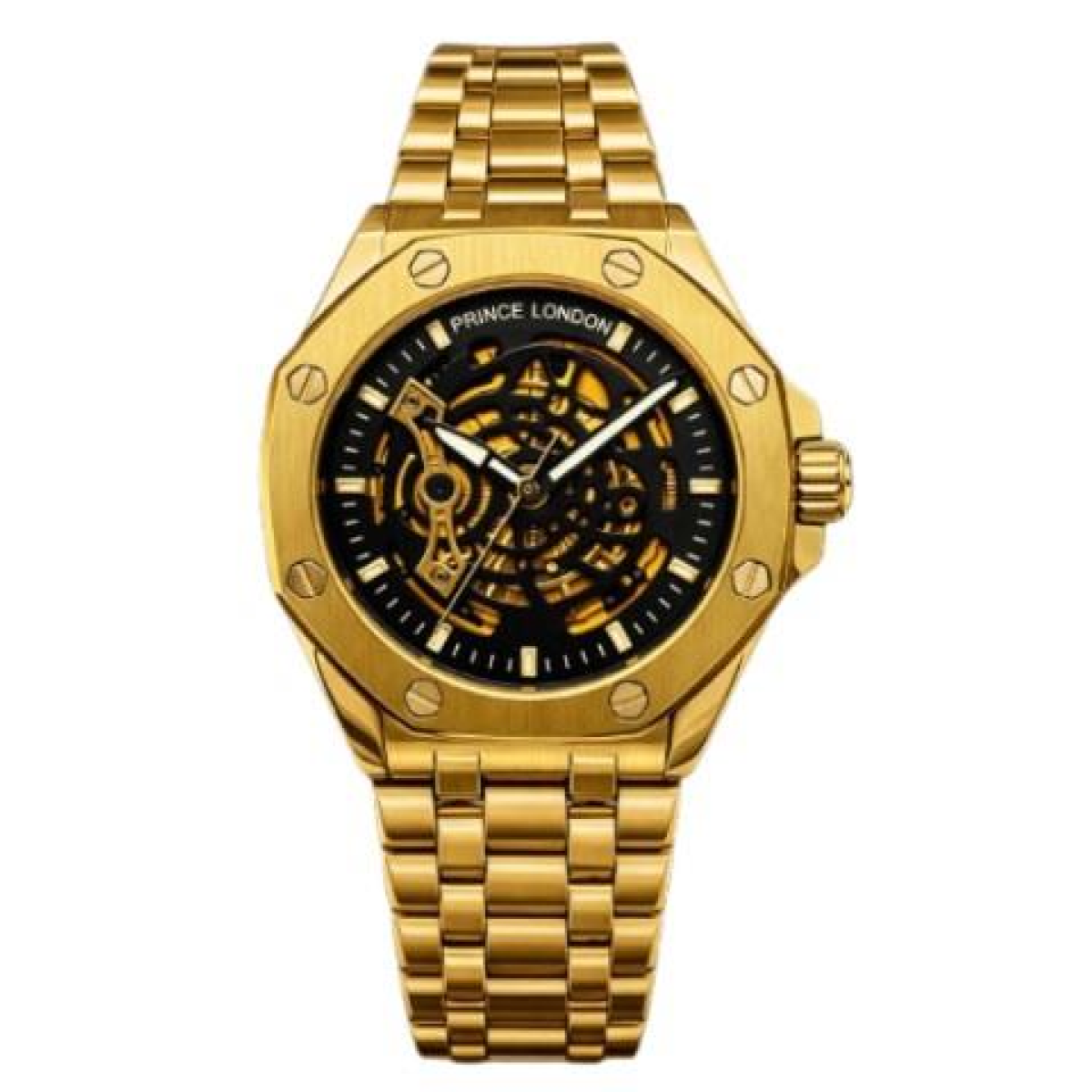 Men's Automatic Mechanical Analogue Watch, Gold/Black Metal Bracelet - NY London