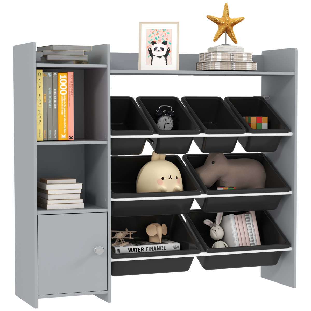 AIYAPLAY Toy Storage Unit with 8 Removable Bins, Shelves & Cabinet