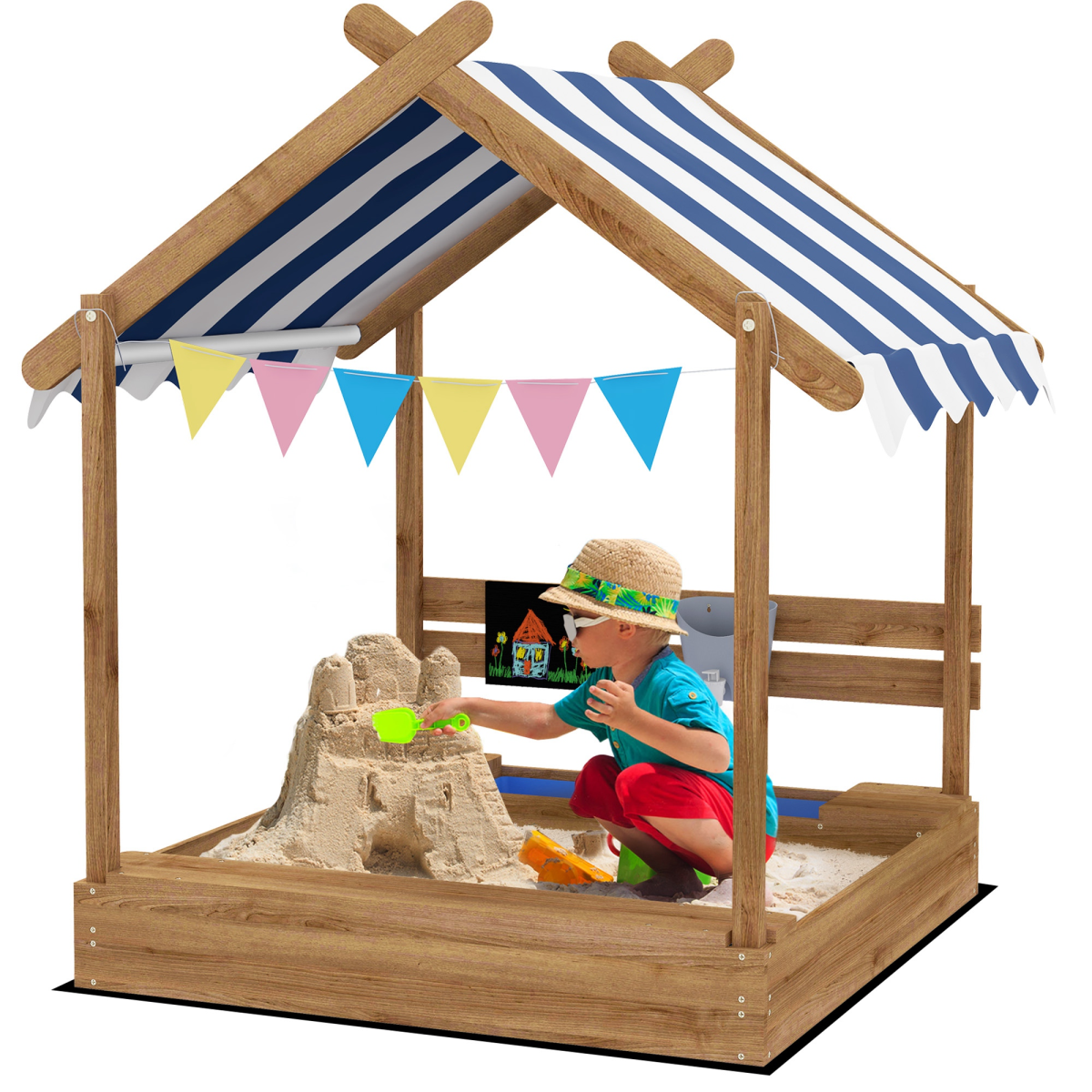 Outsunny Kids Wooden Sand Pit with Canopy, Blackboard, Sink, Seats and Toys