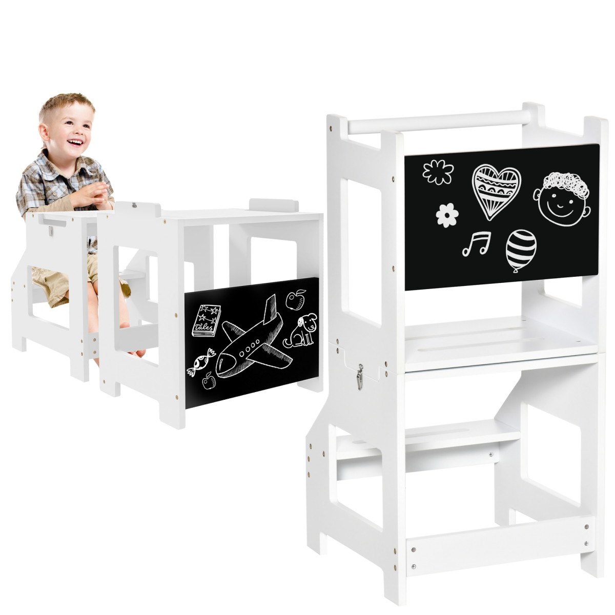 HOMCOM 2-in-1 Kids Learning Tower Step Stool with Safety Rail