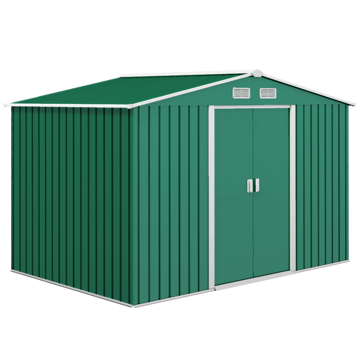 Outsunny Metal 9x6 ft Garden Storage Shed with Sliding Double Doors, Sloping Roof, Floor Foundation Included, Green