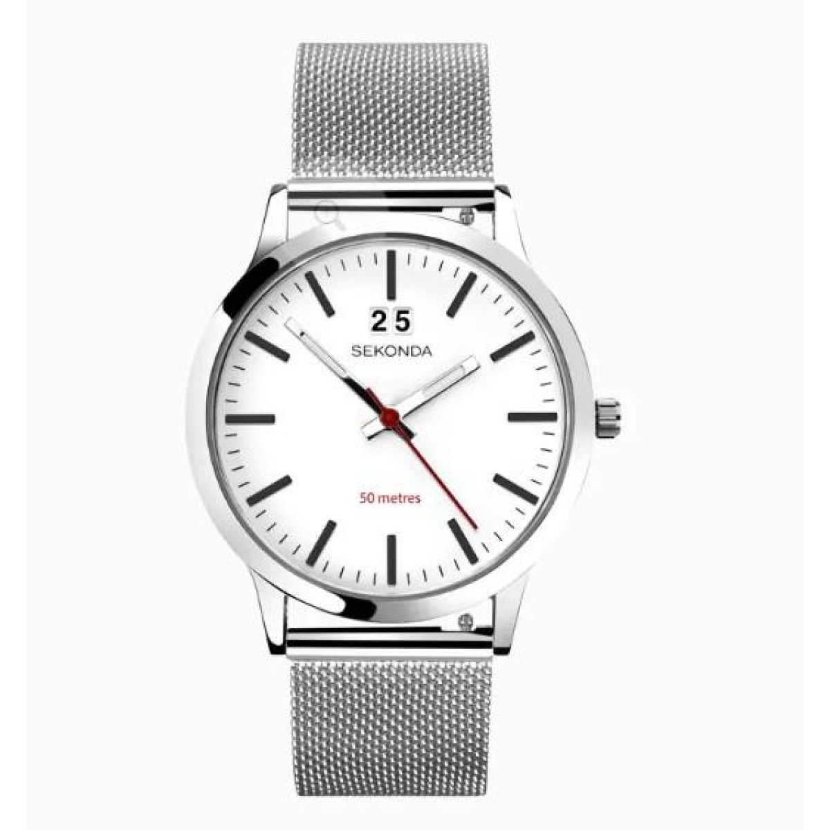 Sekonda Men's Quartz 1940 Minimalist Watch, White Dial, Silver Mesh Bracelet, 40mm, Date Display, 50m Water Resistant