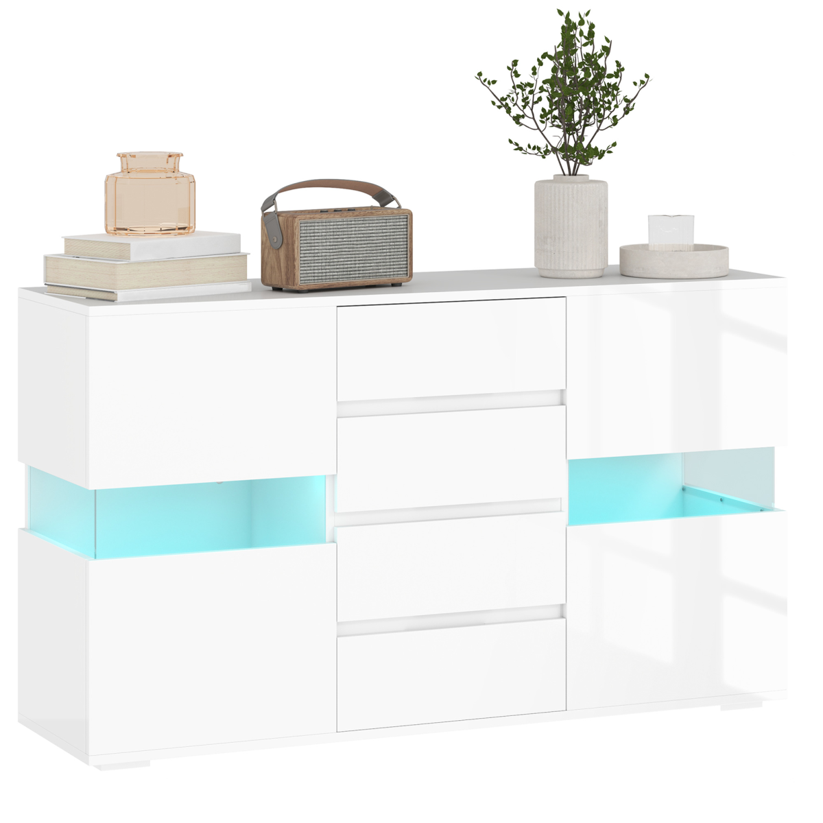 HOMCOM White High Gloss LED Sideboard with 4 Drawers & Cupboards