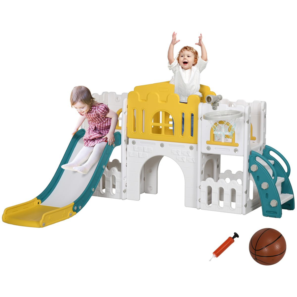 AIYAPLAY 7-in-1 Toddler Slide with Basketball Hoop, Ages 1-3