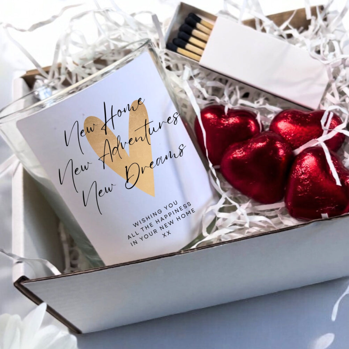 New Home Candle Gift Set with Gold Heart, Chocolates and Matches