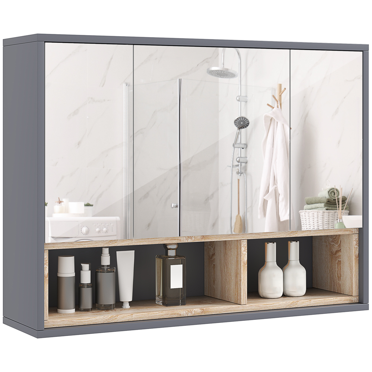 HOMCOM Wall Mounted Mirrored Bathroom Cabinet with Shelves, Grey
