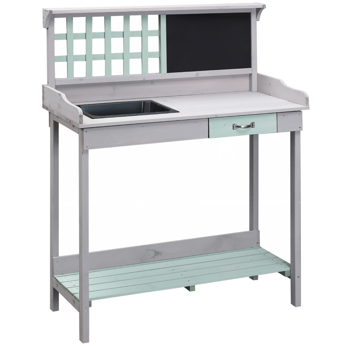 Outsunny Outdoor Solid Fir Wood Potting Table Bench with Sink, Blackboard, Drawer and Slatted Shelf
