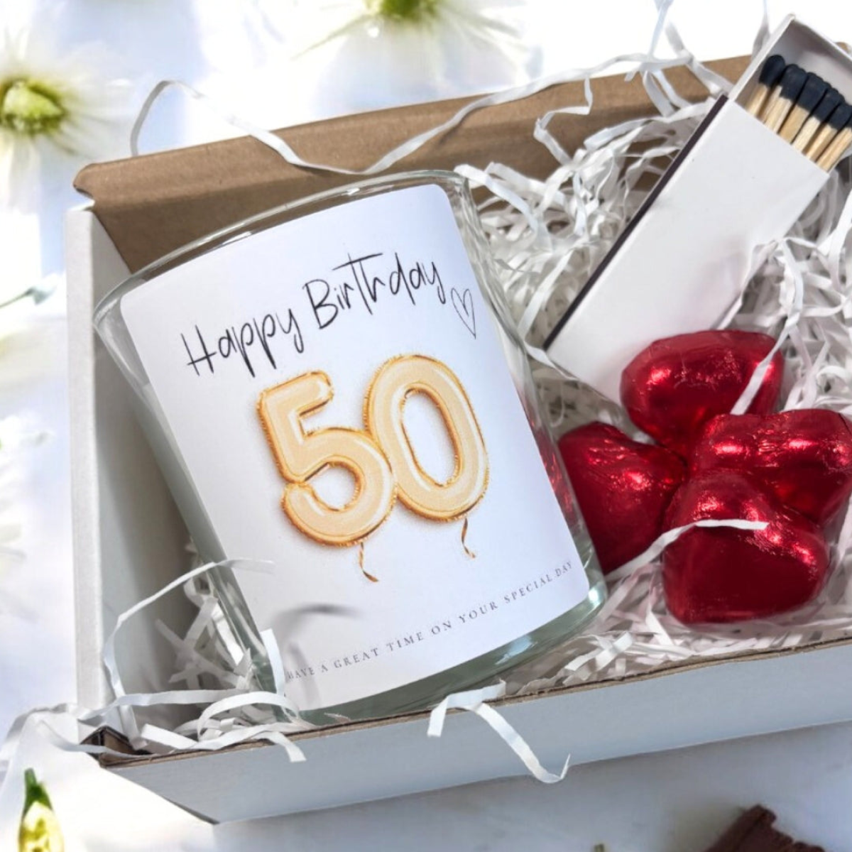 50th Birthday Gold Balloon Candle Gift Set with Matches and Chocolates