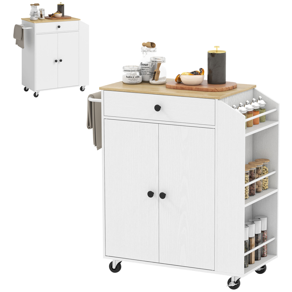 HOMCOM Kitchen Island Cart with Spice Rack, Towel Bar, Drawer