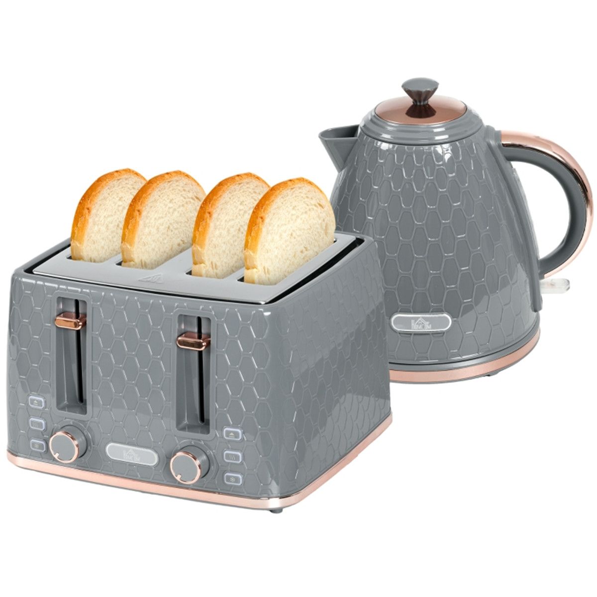 Grey 1.7L Kettle and 4-Slice Toaster Set with Honeycomb Design