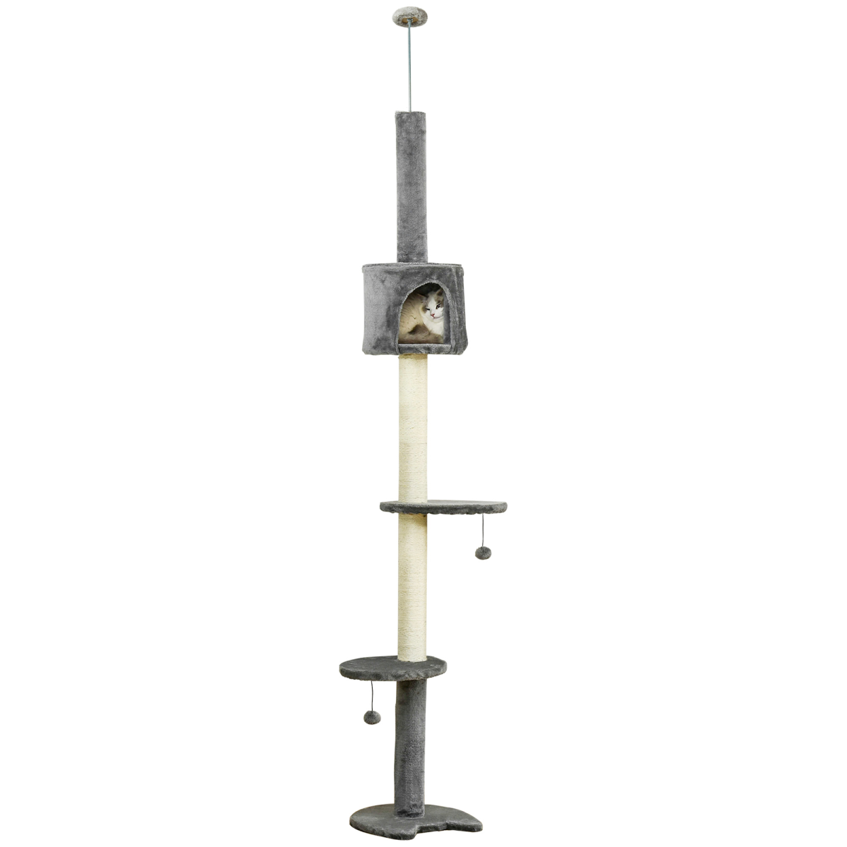 PawHut Four-Layer Cat Tree with Plush Cat Box, Scratching Post and Toy Balls, Light Grey