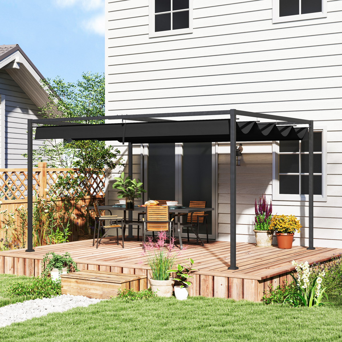 Outsunny 4 x 3 m Metal Pergola Gazebo with Retractable Canopy, Black