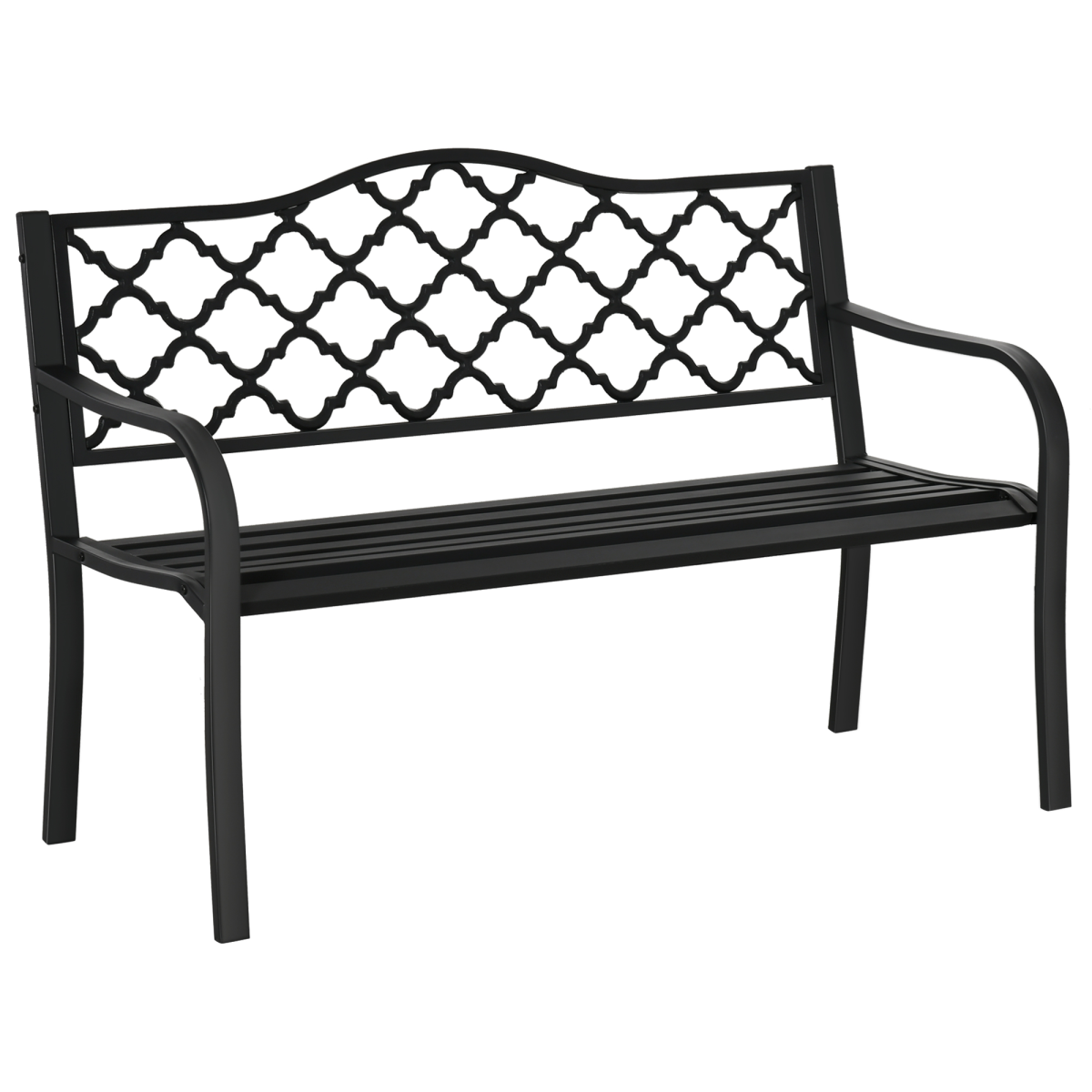 Outsunny 2-Seater Outdoor Garden Bench with Armrests, Matte Black Steel and Cast Iron, Vintage-Style Slatted Backrest