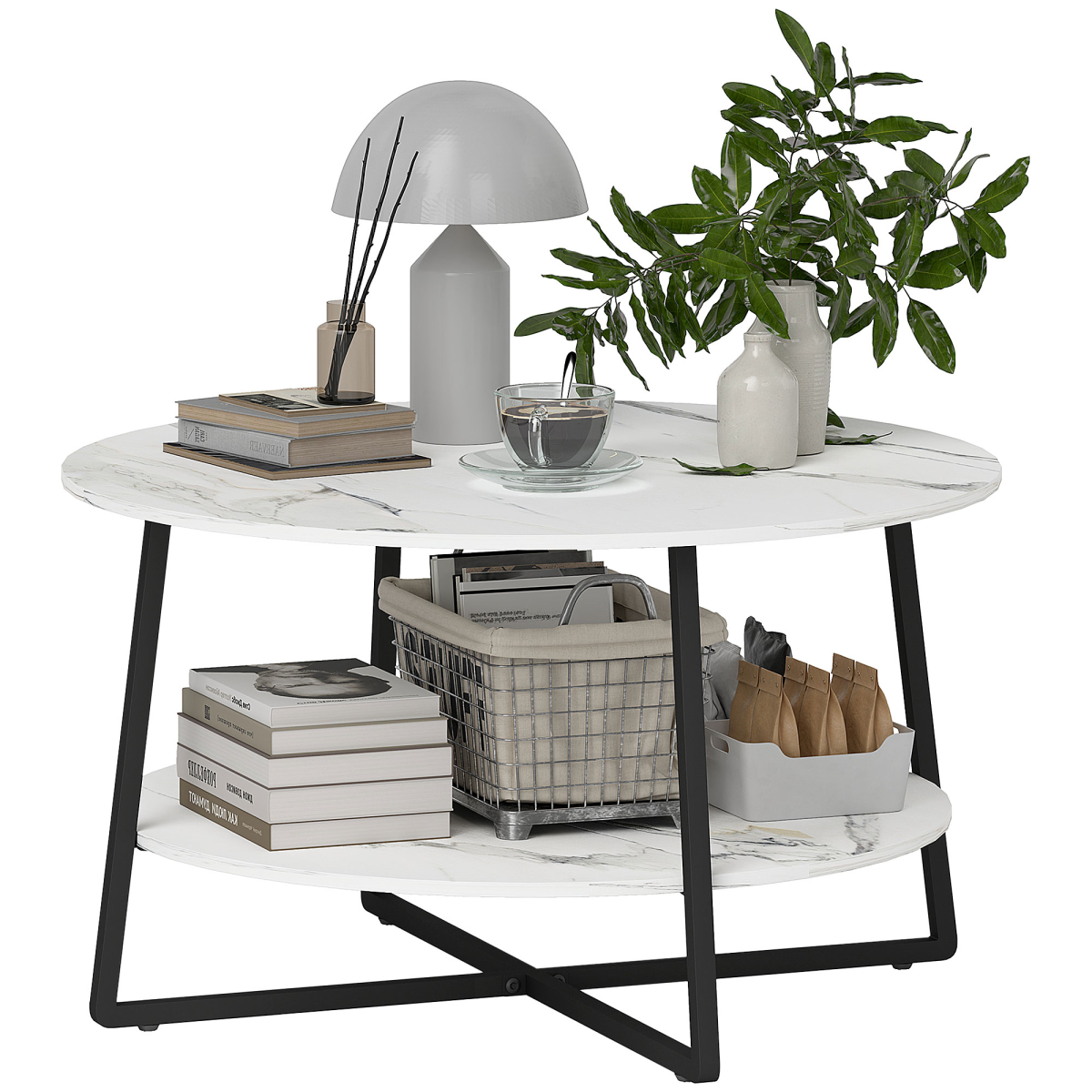 HOMCOM Round Coffee Table with Storage Shelf, Marble-Effect Top, White