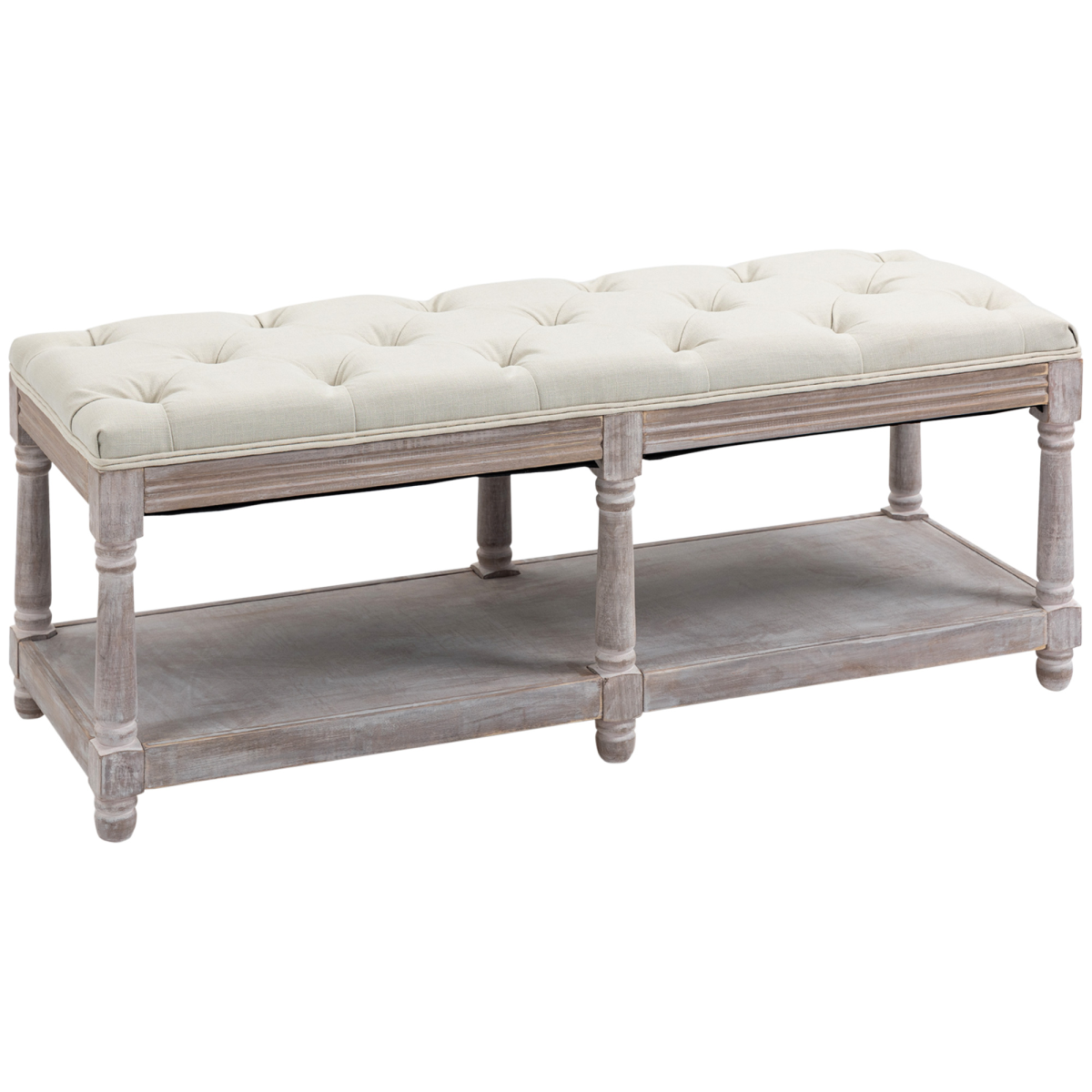 2-Tier Vintage Tufted Storage Bench, Cream White