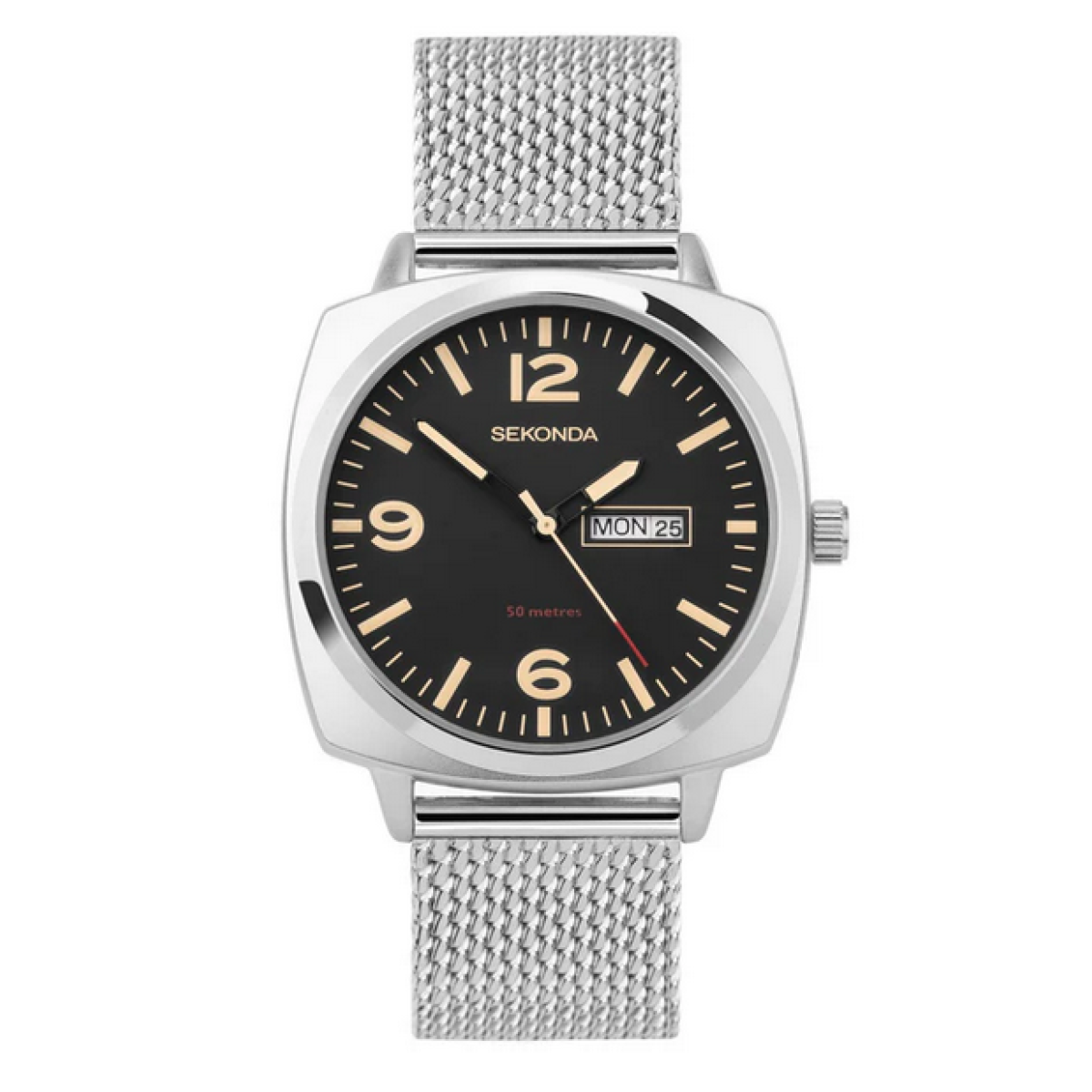 Sekonda Airborne Men's Day Date Watch Black Dial Stainless Steel Silver Mesh Bracelet 30101
