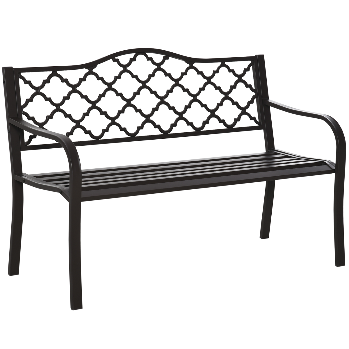 Outsunny Outdoor Double Seat Steel Porch Bench with Geometric Cut-Out Back and Slatted Seat