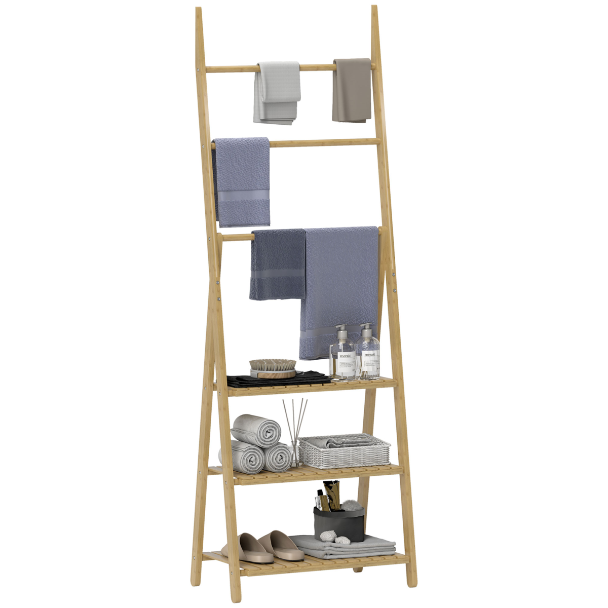 HOMCOM 3-Tier Folding Bamboo Bathroom Shelf with Towel Bars